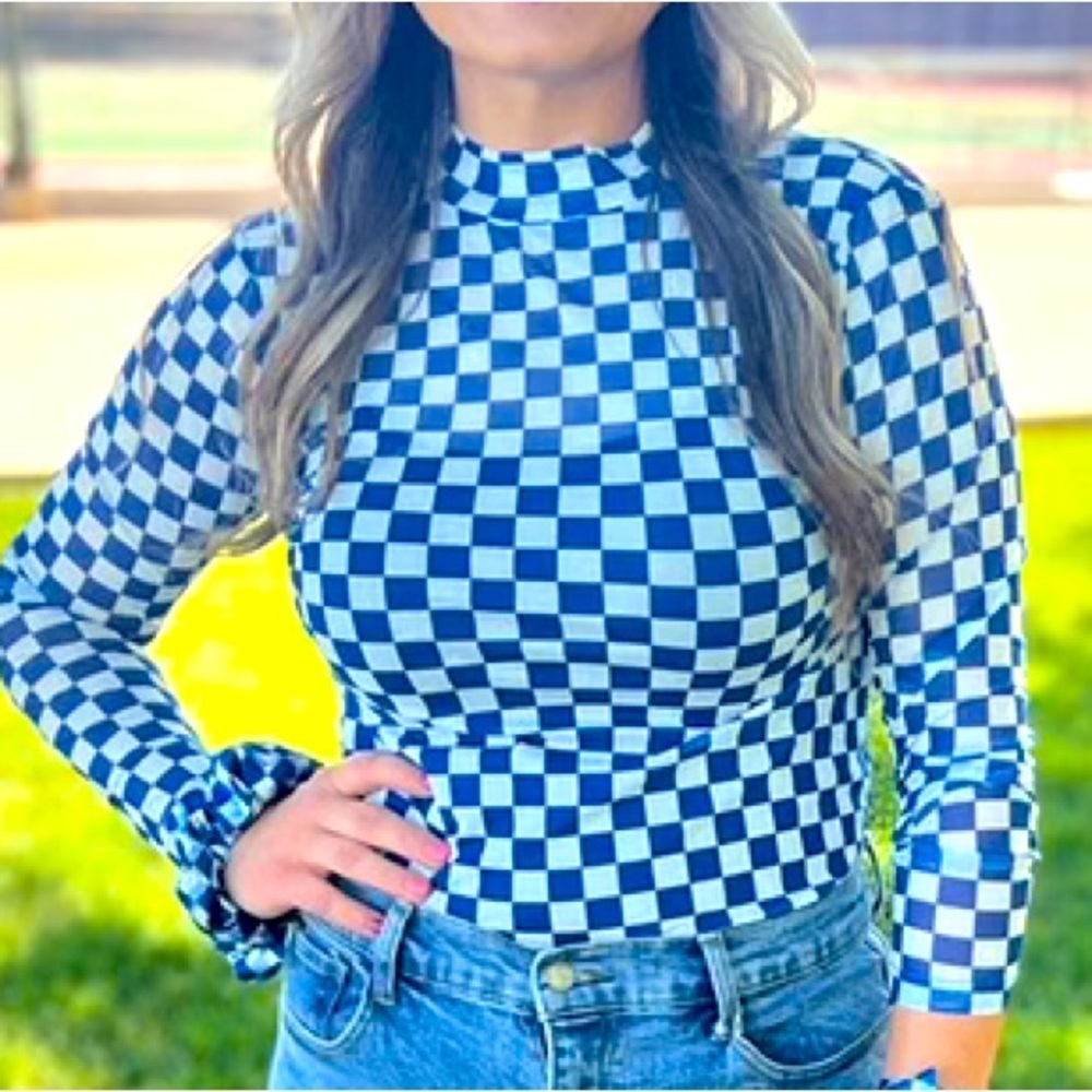 Fun blue and white checked mesh top